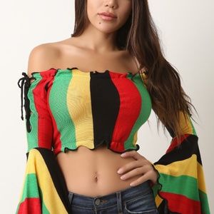 Rasta Knit Off The Shoulder Bell Sleeve Crop Top